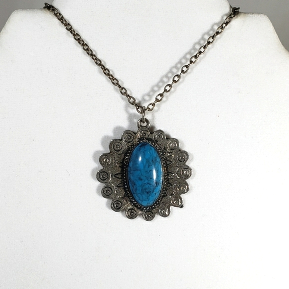 Genuine Turquoise Pendant Sterling Silver Necklace Vintage 1970's